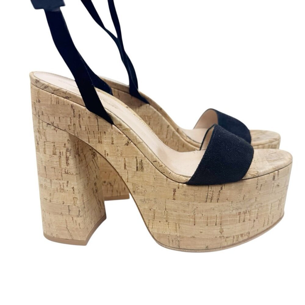 Gianvito Rossi size 39 9 Cork Platform Sandals Ankle Tie Strap Black Suede shoes - Picture 8 of 15